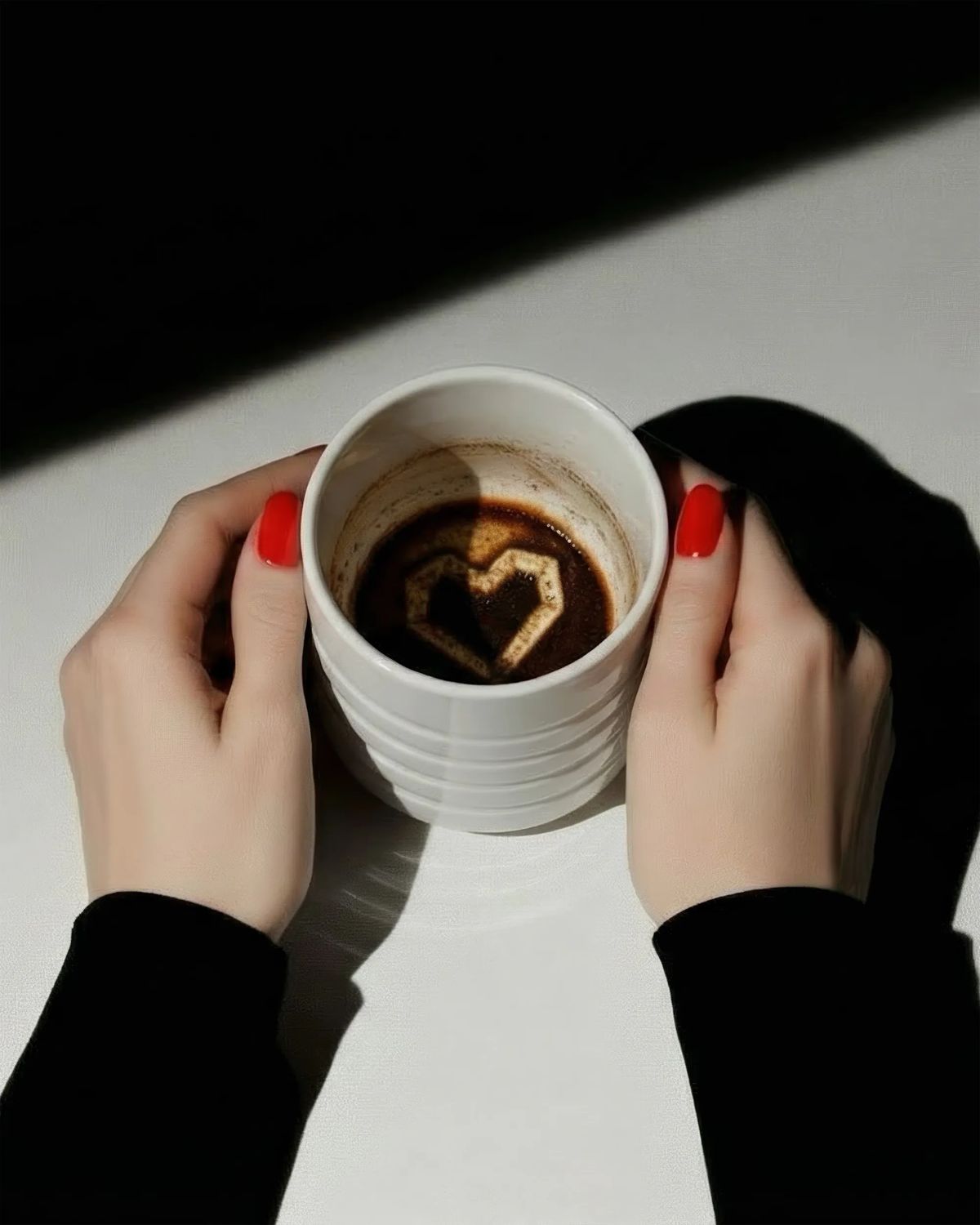 Hands with red nails holding a porcelain cup with a heart shape showing through the coffee grounds