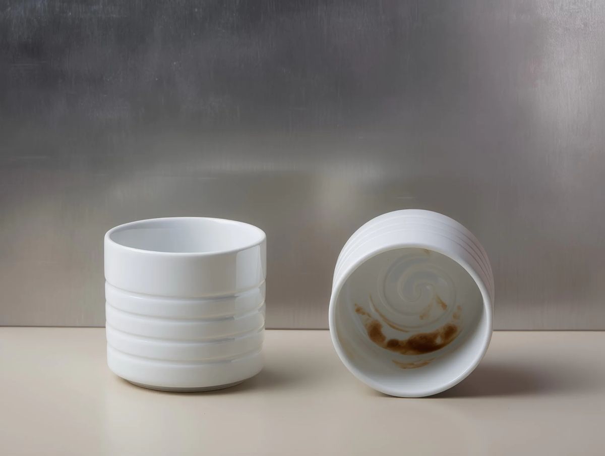 Ringed porcelain cup beside a tipped one whose base has a spiral relief traced by coffee residue