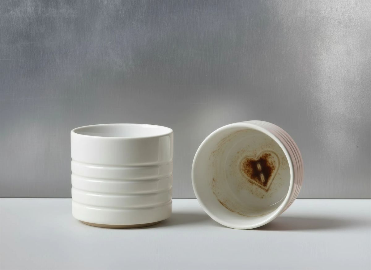 Upright porcelain cup and a tipped cup revealing a heart relief in its base marked by coffee