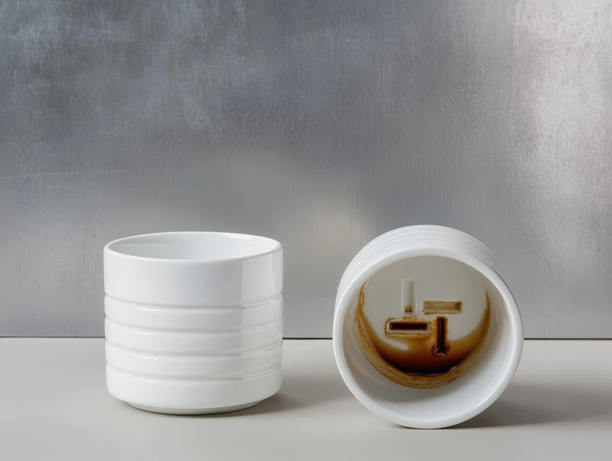 Two white cups against brushed steel, one on its side showing a geometric relief filled with coffee
