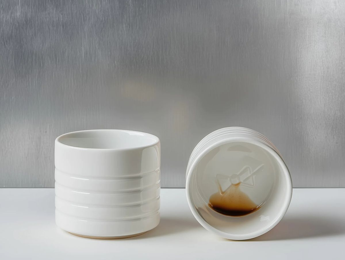 Pair of ringed porcelain cups, one lying down with a raised bow motif and coffee dregs inside