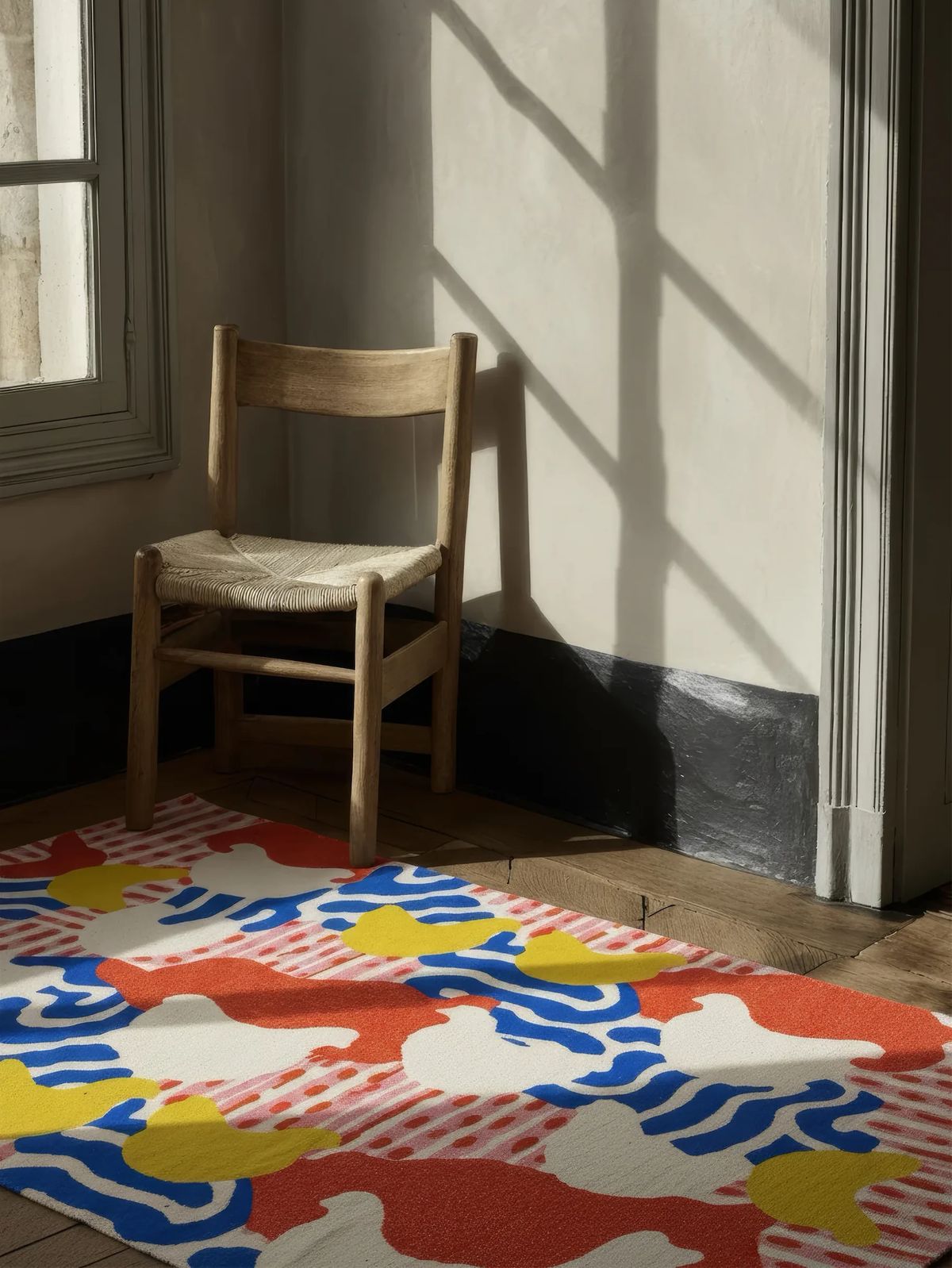 Rug with red, cobalt, yellow and white blob shapes on pink stripes beside a rush-seat chair in sunlight