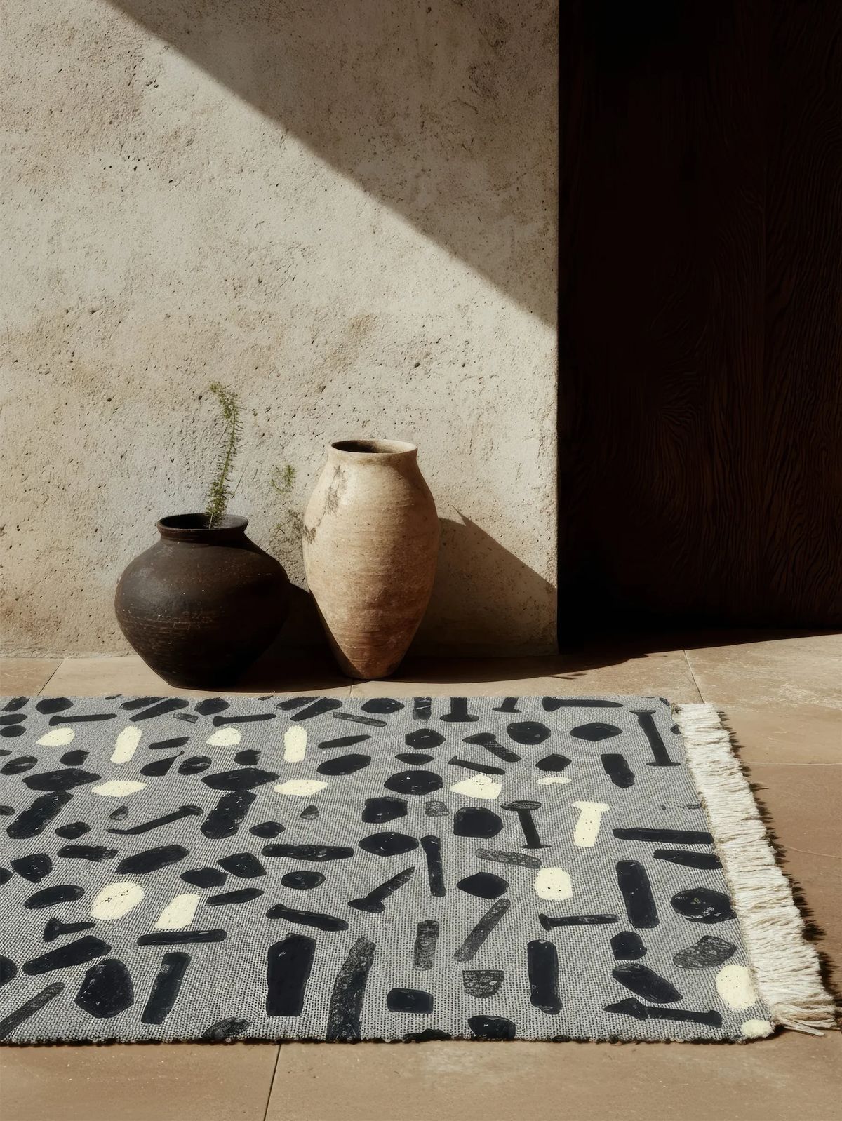 Flat-woven grey rug with black and cream pebble shapes and fringe beside two clay vessels