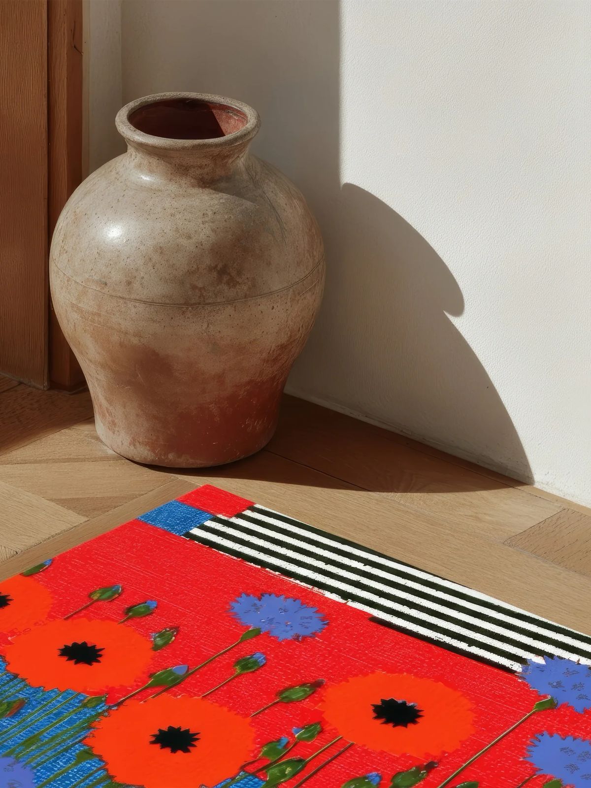 Red woven rug with orange poppies, blue cornflowers and black and white stripes beside a clay jar