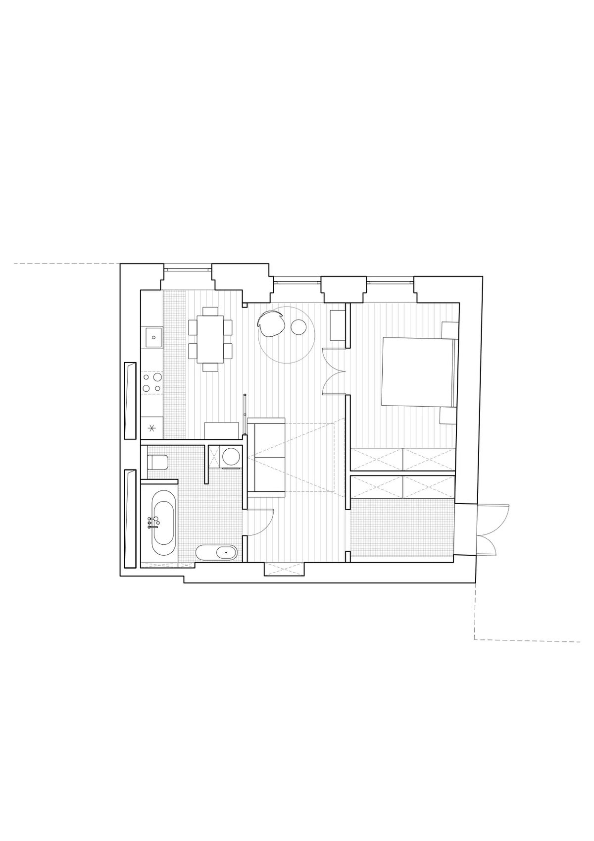 Floor plan of the apartment with kitchen-dining room, bedroom, bathroom and furniture layout