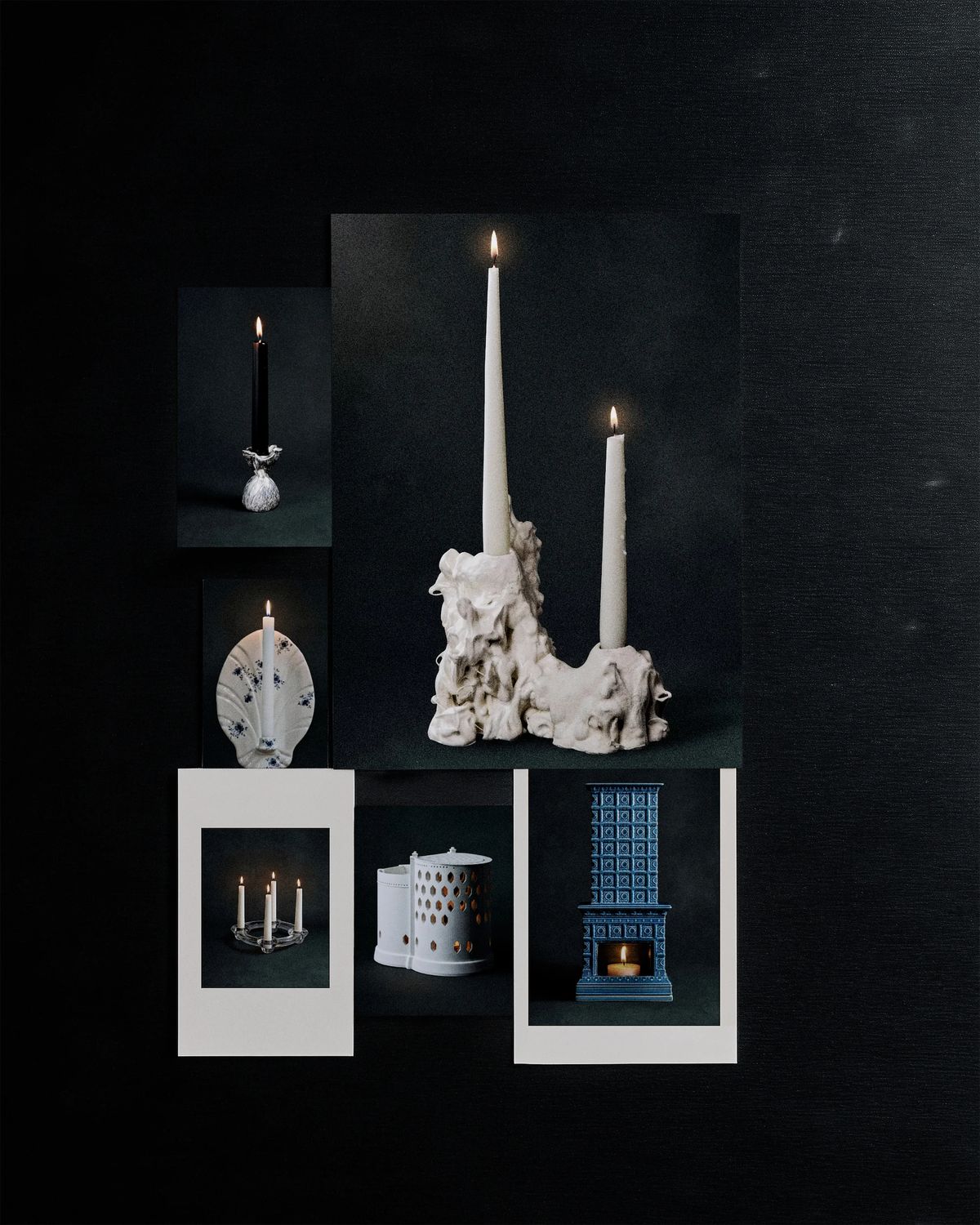 Collage of photographs showing six candleholders, from a sculpted white ceramic piece to a blue tiled stove
