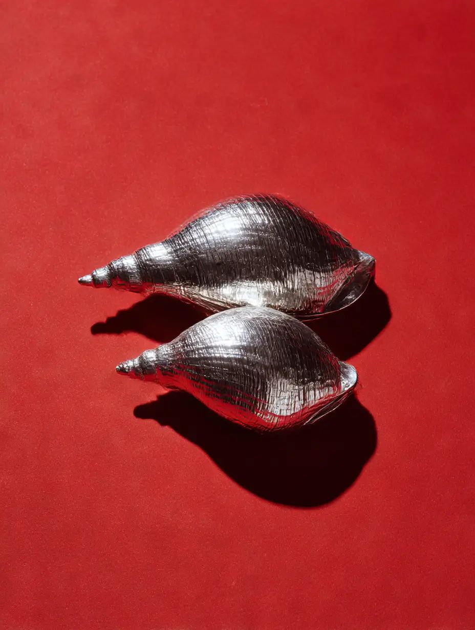 Two silver-plated conch shells lying side by side in strong sunlight on a red backdrop