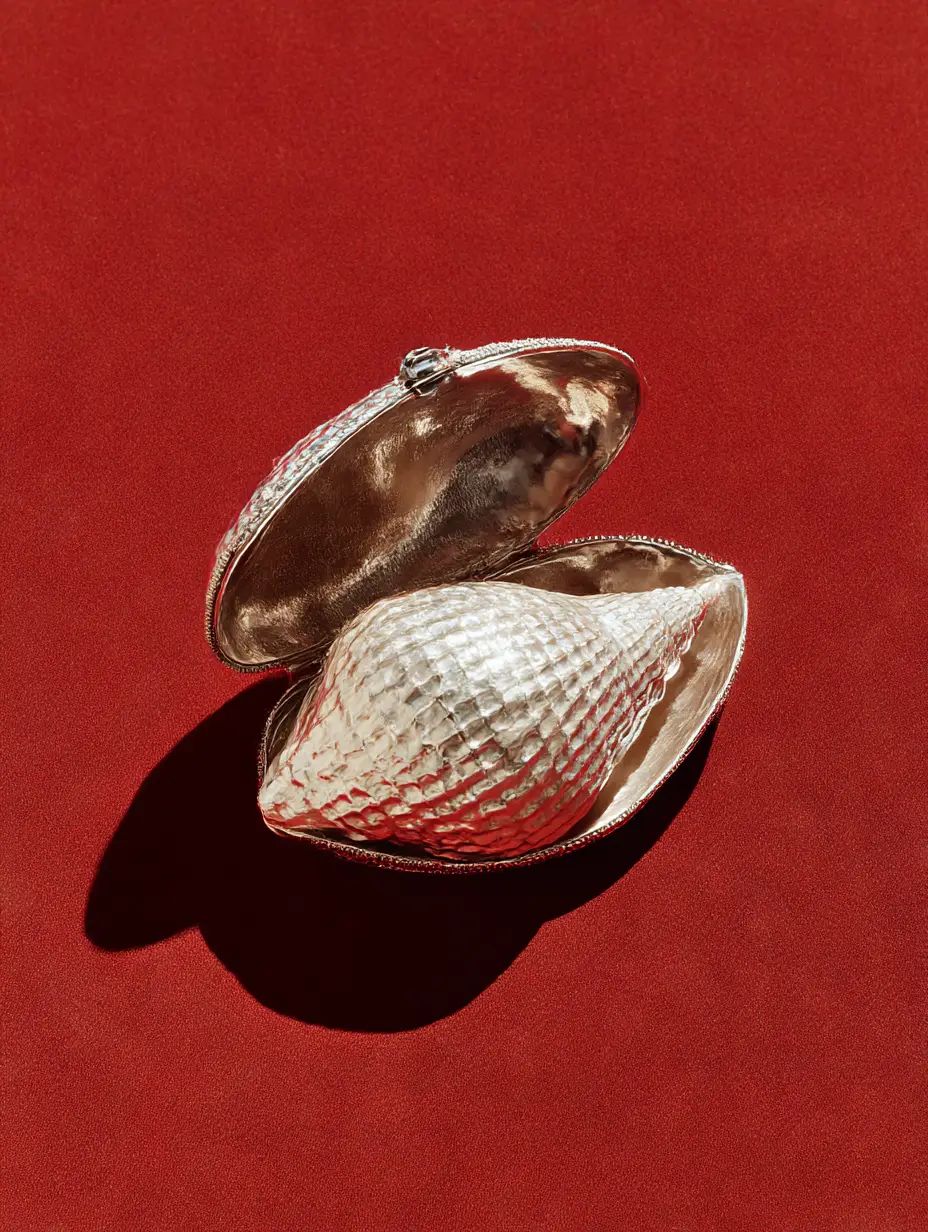 Textured silver shell ornament resting inside an open hinged silver box on deep red cloth