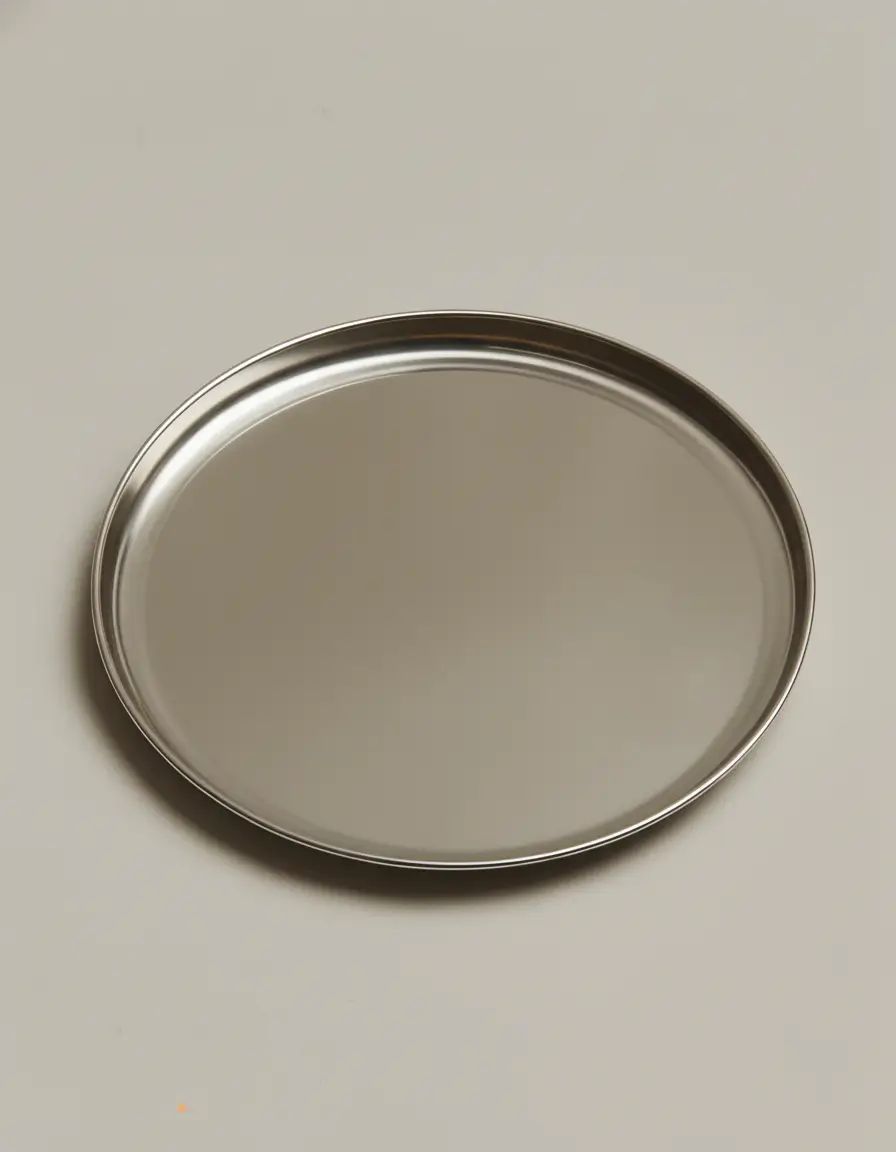 Empty round stainless steel tray on a pale grey surface, the base for the lookbook still lifes