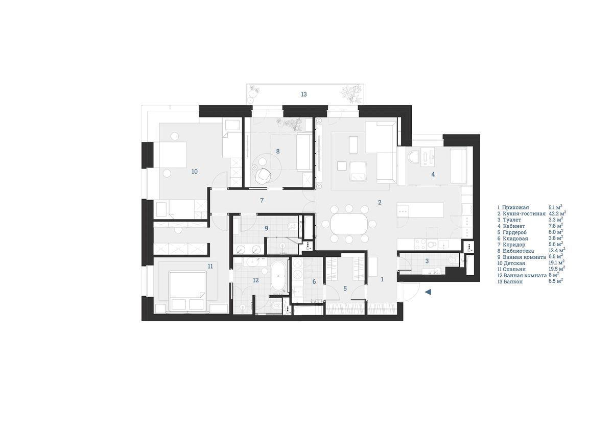 Furnished floor plan of the apartment with numbered rooms, a balcony and an area schedule in Russian