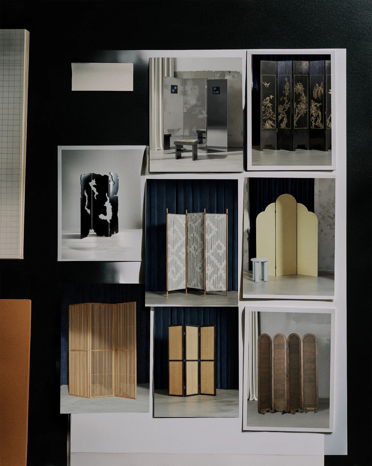 Moodboard of printed photos showing eight folding screens in wood, lacquer, metal and weave on a dark wall