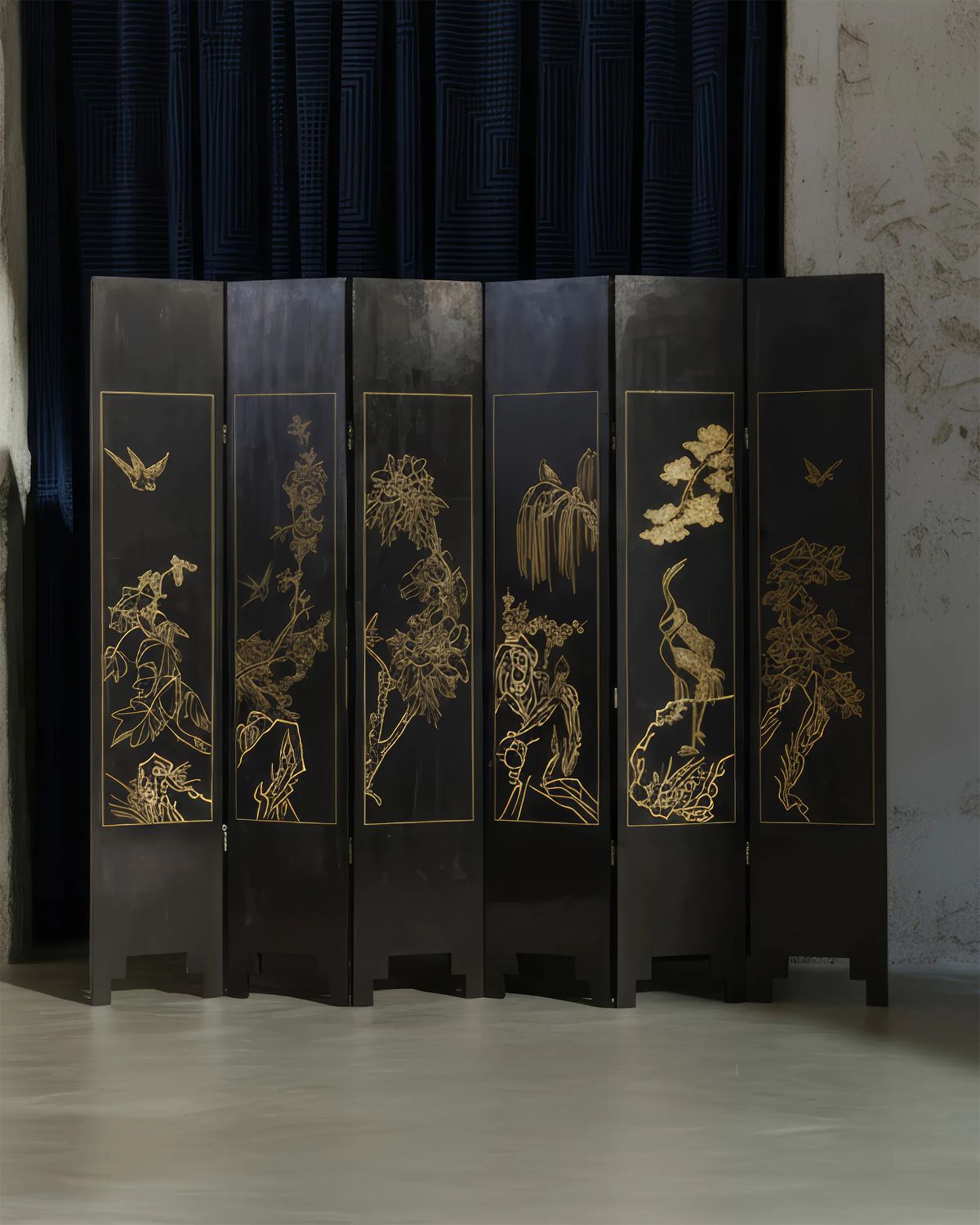 Six-panel black lacquer screen painted with gold birds, blossoms and a crane before a navy curtain