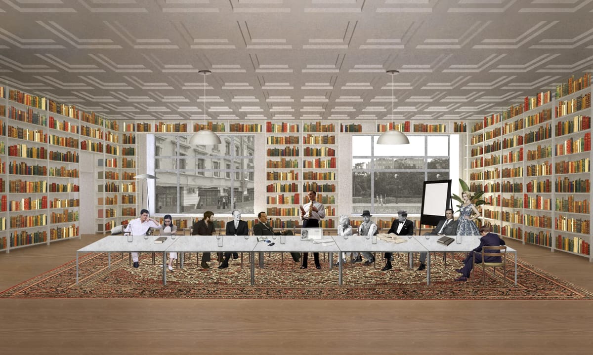 Collage of a book-lined hall with a long table on a patterned rug and figures seated along it