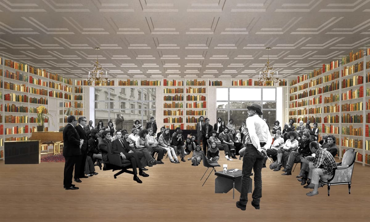 Collage of a talk in a book-lined hall with chandeliers, a coffered ceiling and a seated audience