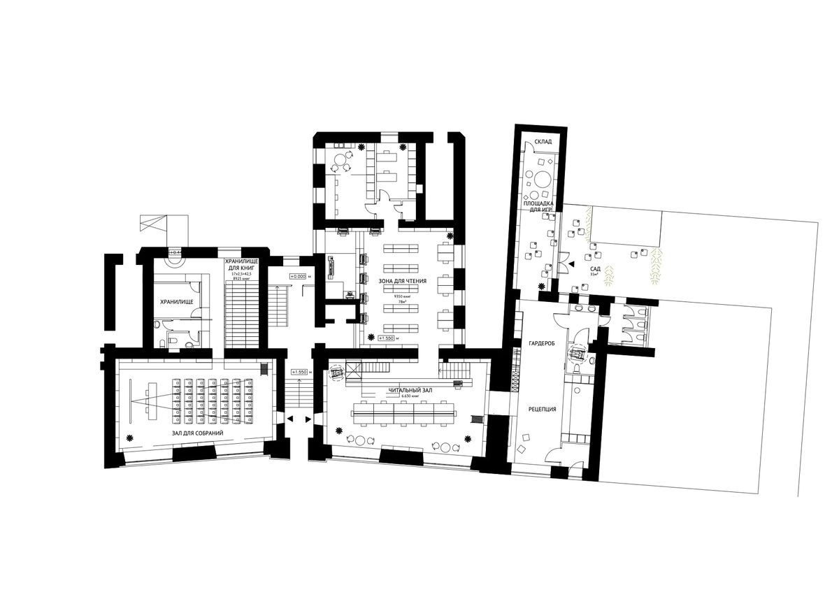 Floor plan of the library with reading hall, meeting room with rows of seats, storage and garden