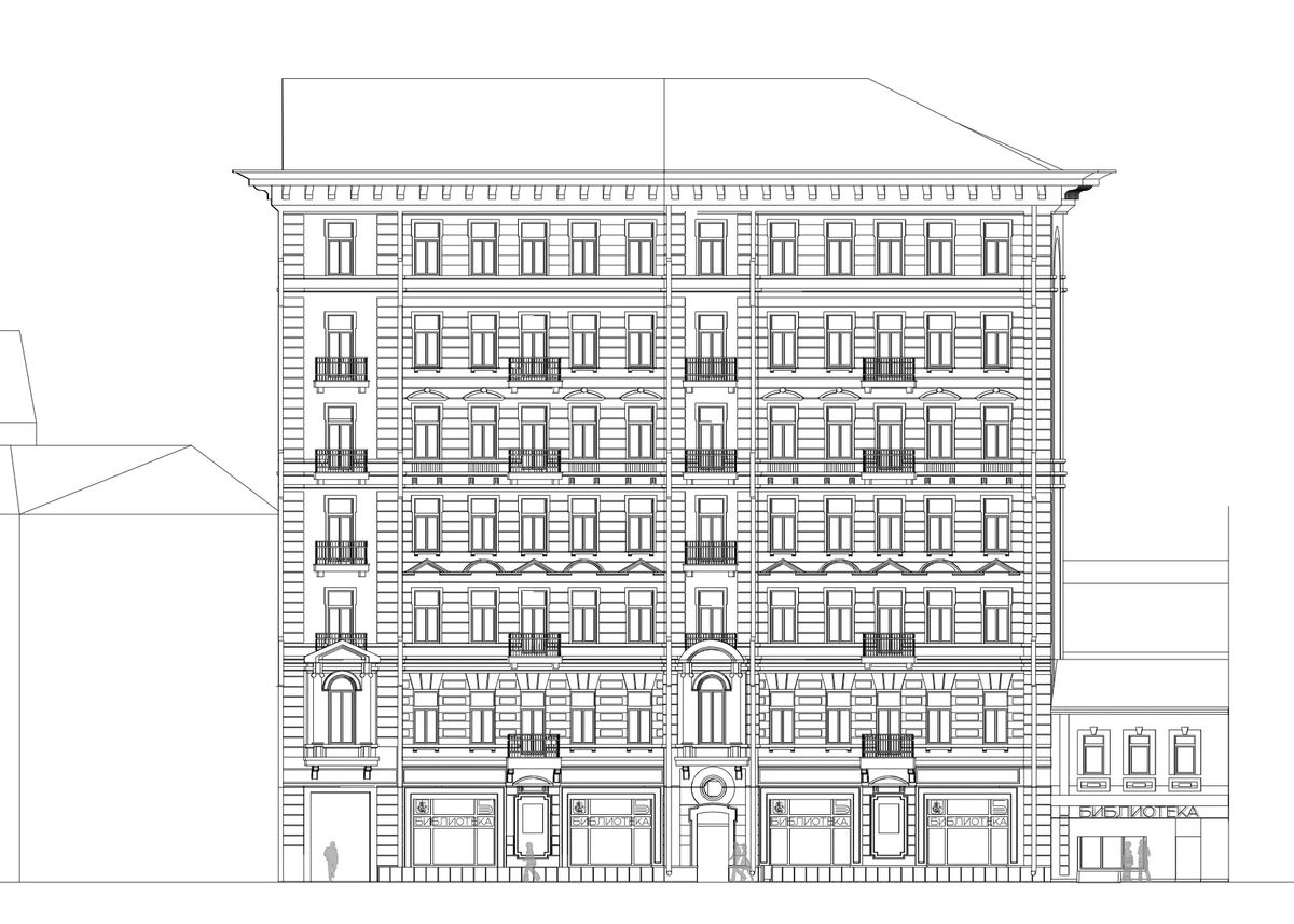 Elevation drawing of a six-storey historic apartment building with the library on the ground floor