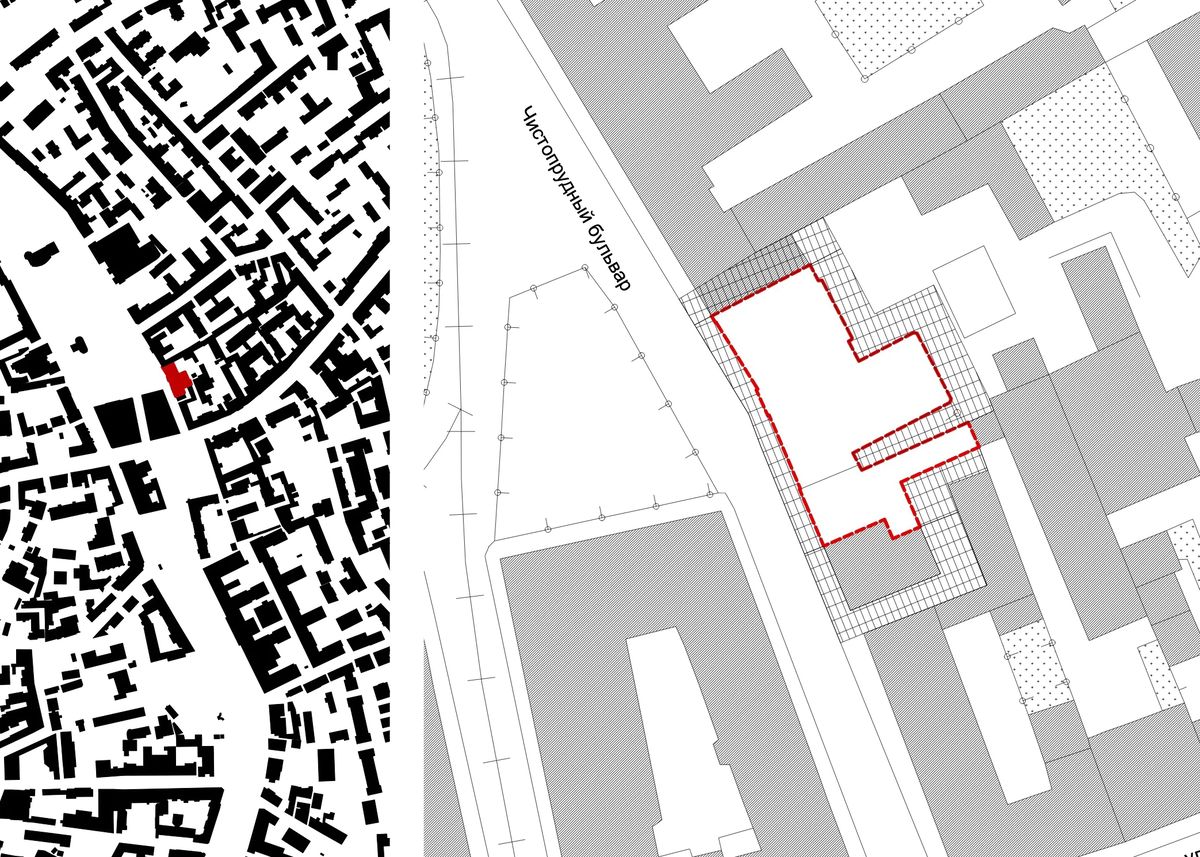 Site plan and figure-ground map marking the library in red beside Chistoprudny Boulevard