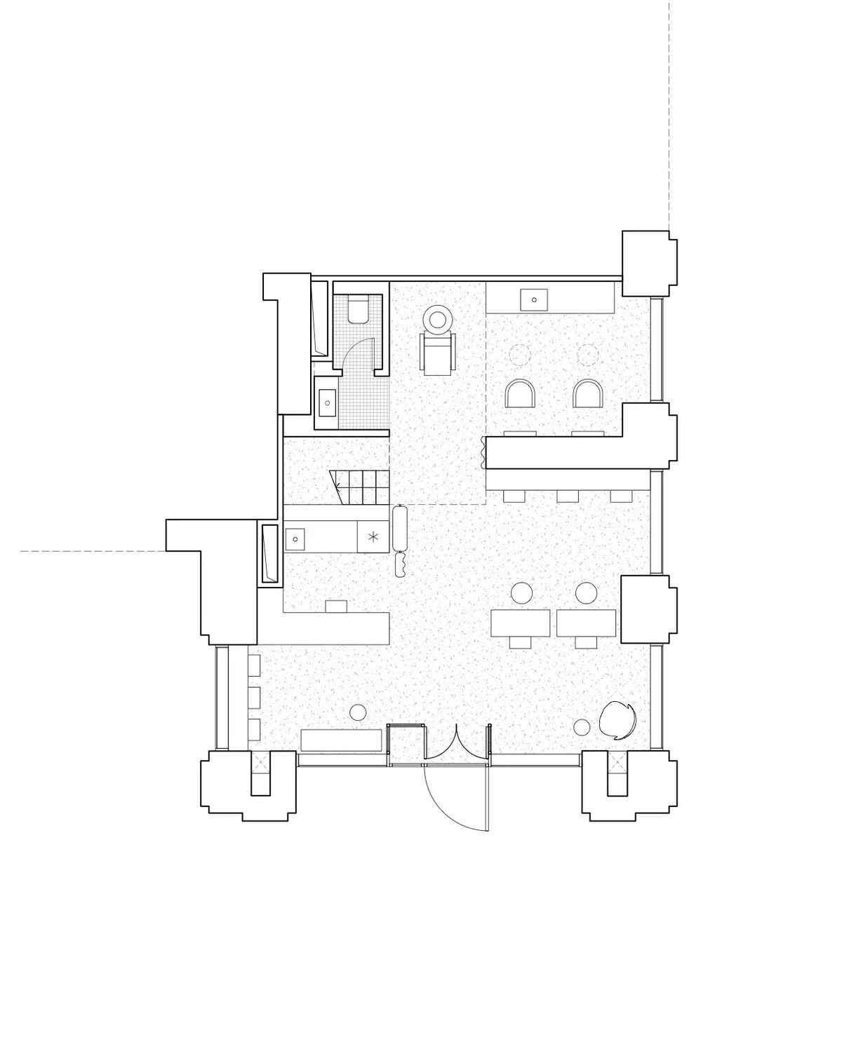 Furnished floor plan of the salon with styling chairs, manicure tables, bar and washroom