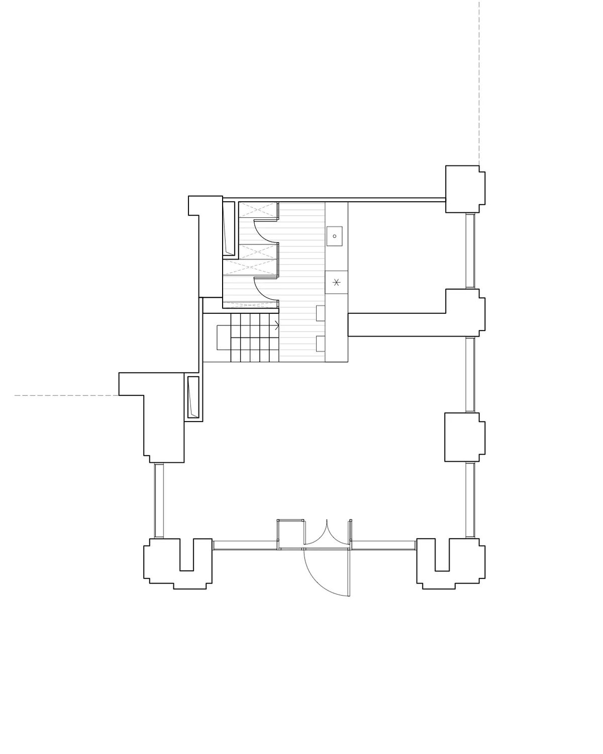 Floor plan of the empty salon shell with the staircase, washrooms and staff kitchen core