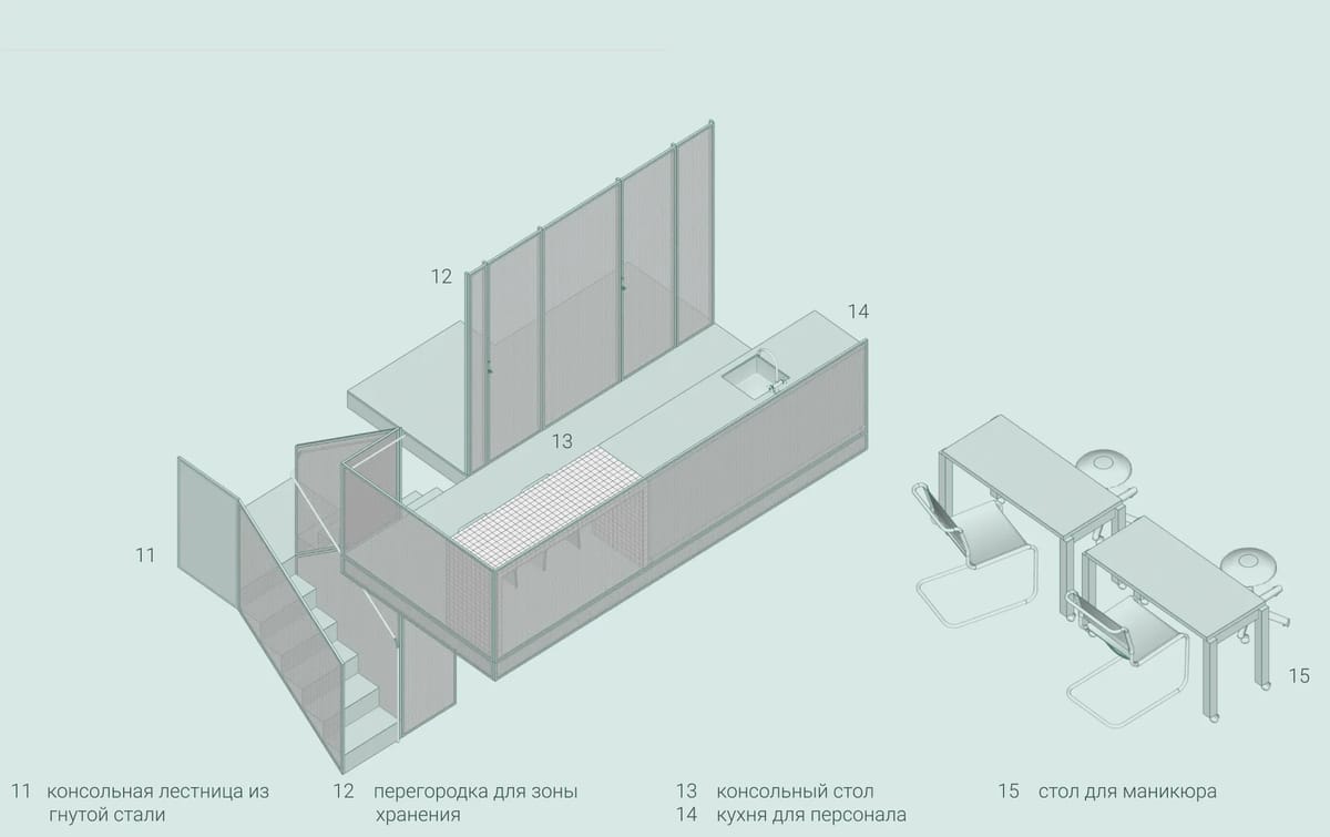 Axonometric of the bent steel stair, storage partition, staff kitchen and manicure tables