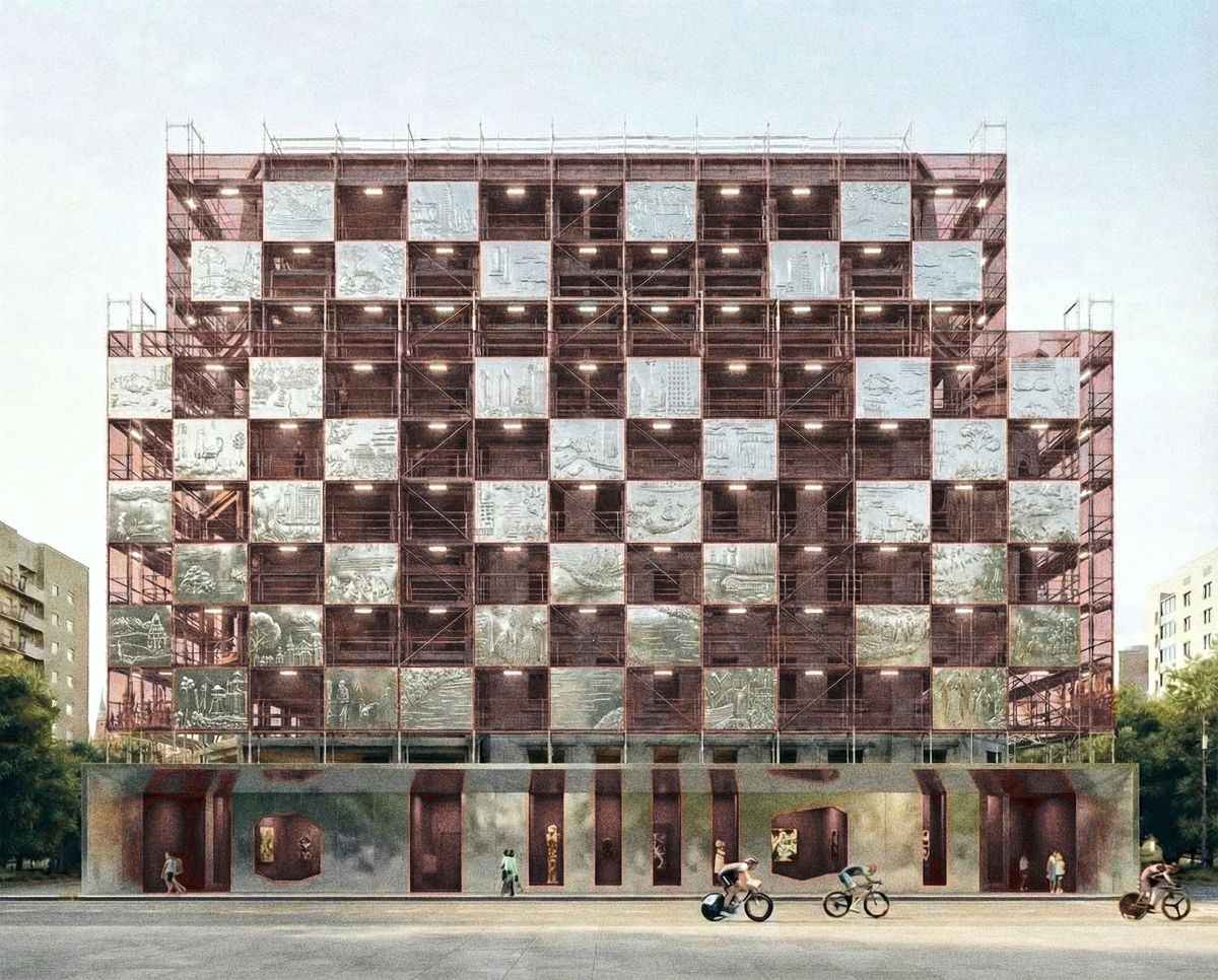Render of a scaffolded facade with a checkerboard of metal reliefs, gallery niches and passing cyclists