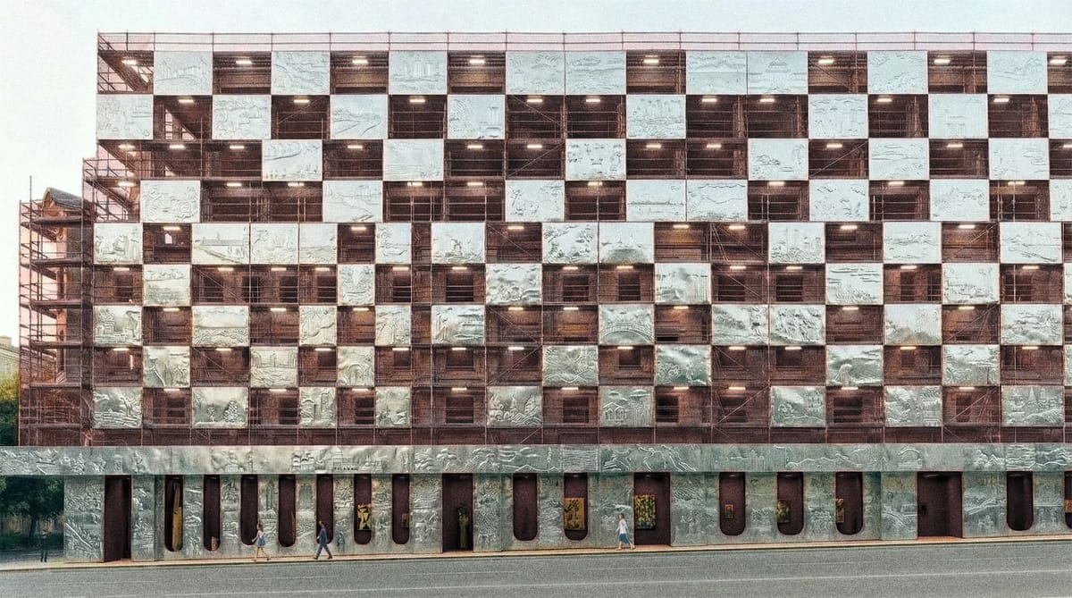 Long scaffolded facade alternating lit red bays and silver relief panels above a metal-clad ground floor