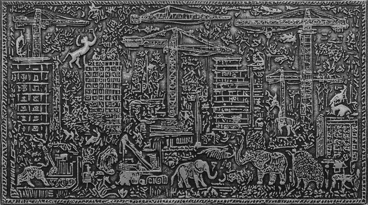 Silver relief panel showing tower cranes, half-built blocks, elephants and other animals