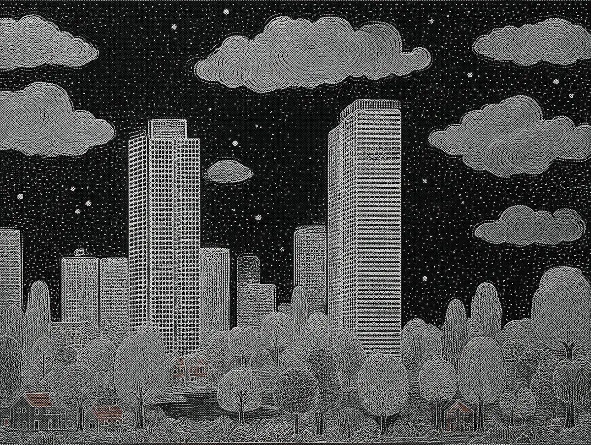 Engraved-style drawing of high-rise towers above a park of trees under a starry night sky