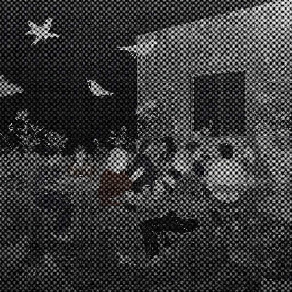 Monochrome halftone drawing of people at café tables in a garden at night, with birds overhead