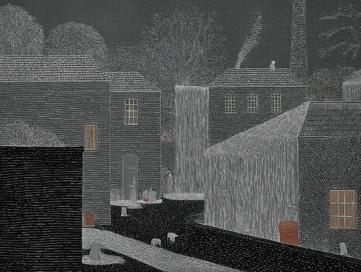 Grey line drawing of brick houses, a factory chimney and a waterfall between buildings