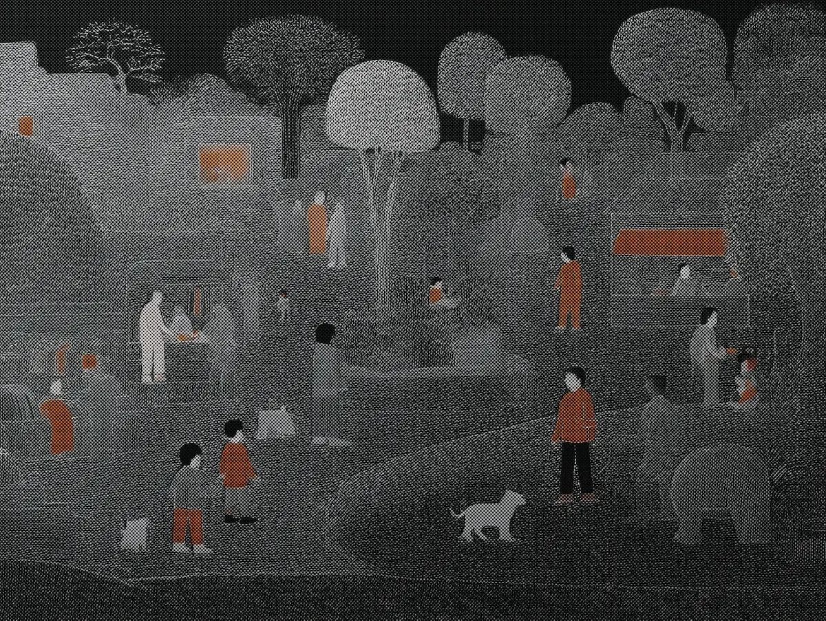 Halftone illustration of families, children and a dog in a park, with figures picked out in rust red
