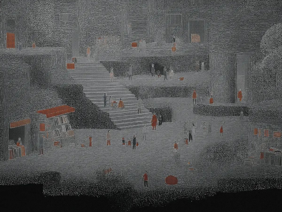 Grainy grey drawing of a public space with broad stairs, terraces and small red figures