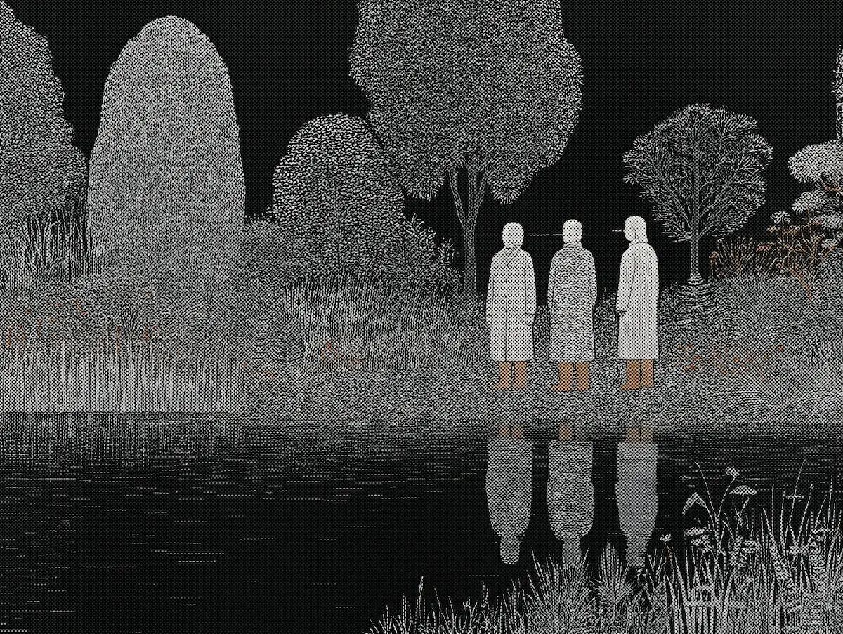 Three cloaked figures reflected in a dark pond, drawn in white stippling among reeds and trees