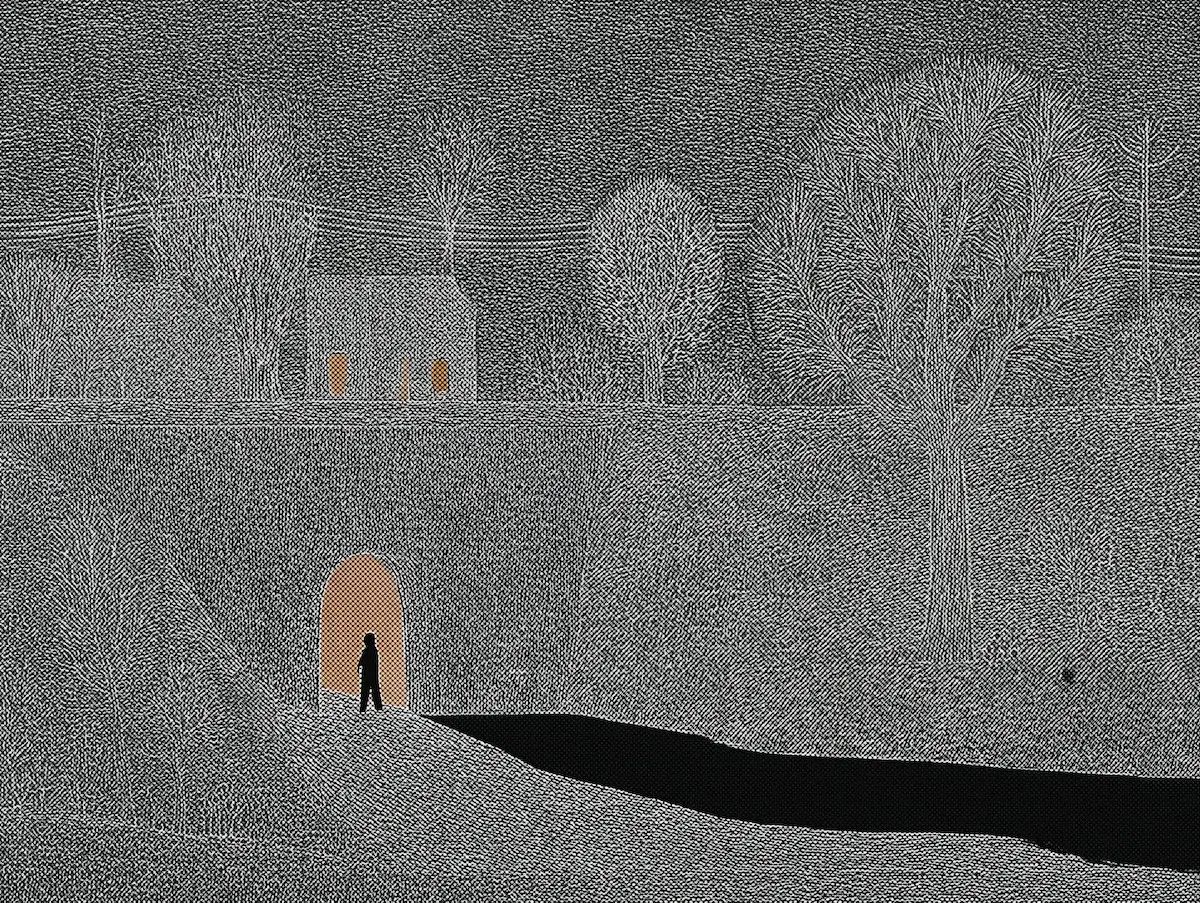 Hatched night landscape with a lone figure in a glowing arched tunnel beside a black stream
