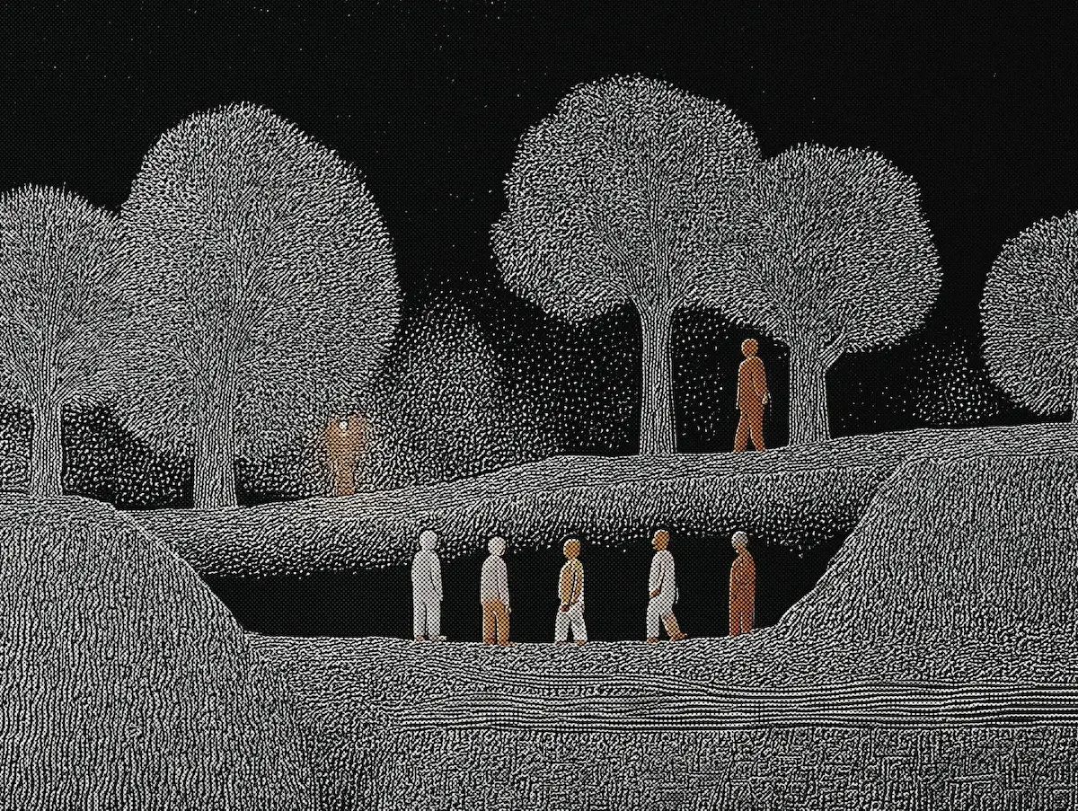 Stippled drawing of figures walking through a sunken path between grassy banks and round trees