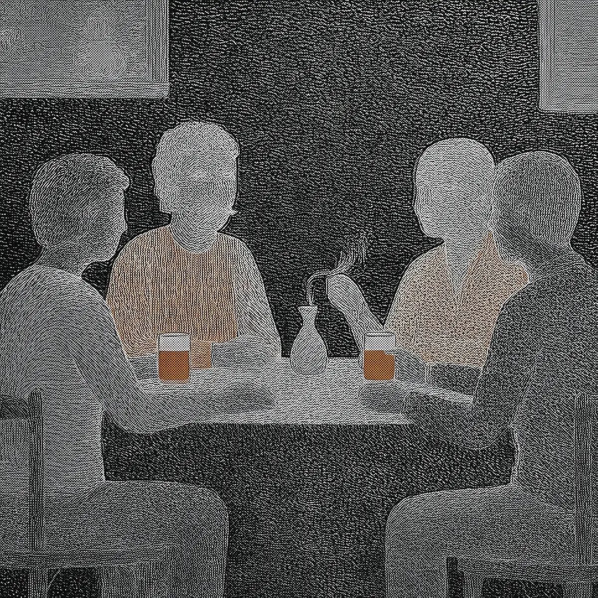 Textured grey drawing of four people talking around a table with glasses and a small vase