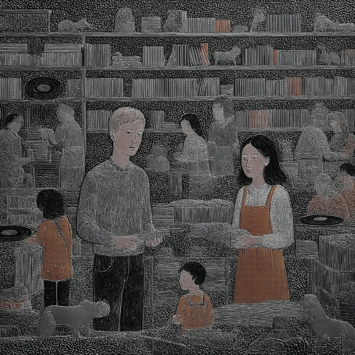 Engraved-style scene of a record shop with shelves, a couple talking, children and dogs
