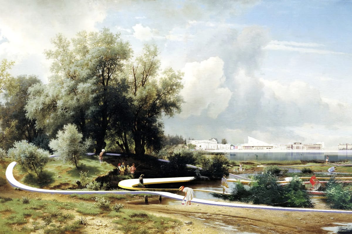 Collage over a classical landscape painting: a white path loops along Kaban Lake past trees and walkers