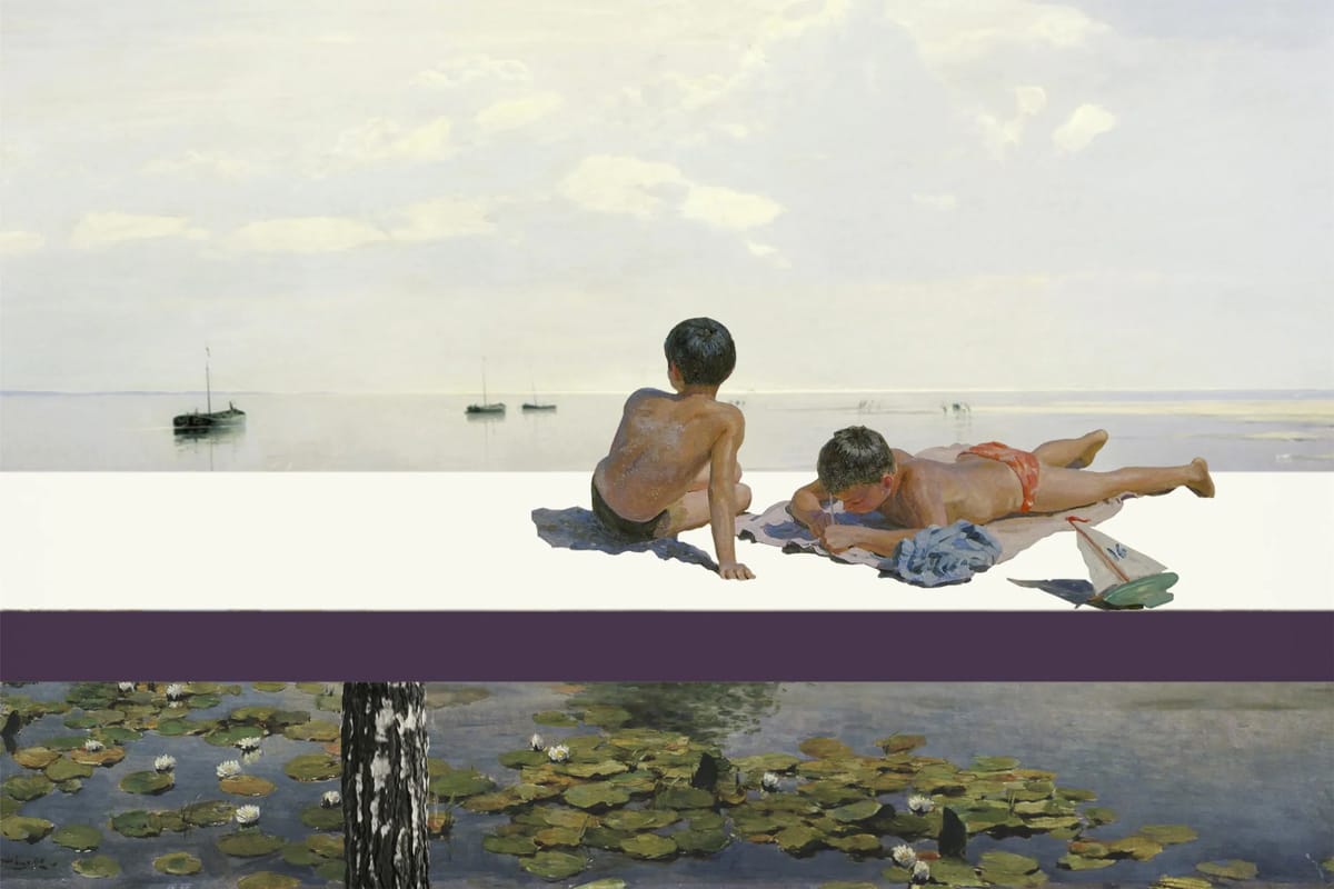 Collage of two boys sunbathing on a white pier above water lilies, boats on the lake behind