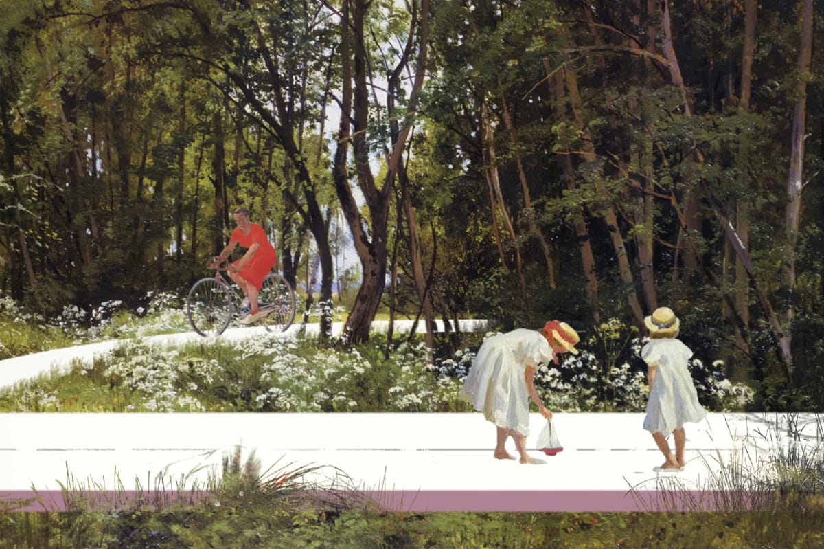Collage of a white path through a forest with a woman cycling and two girls in sun hats