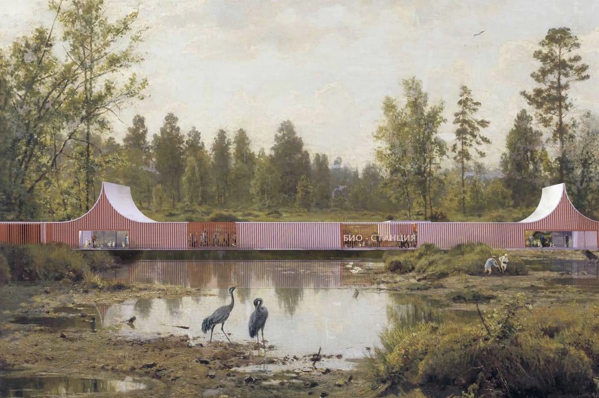 Painted-style collage of a long red striped bio-station pavilion behind a marsh with two cranes