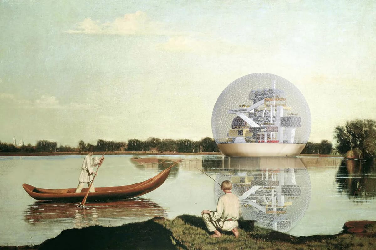 Collage of a transparent geodesic sphere on the lake, a rowing boat and a boy fishing