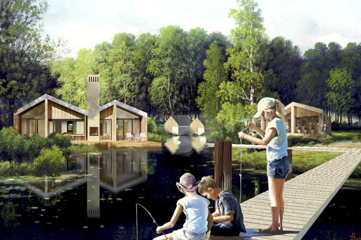 Render of children fishing from a wooden boardwalk in front of timber gabled lakeside houses