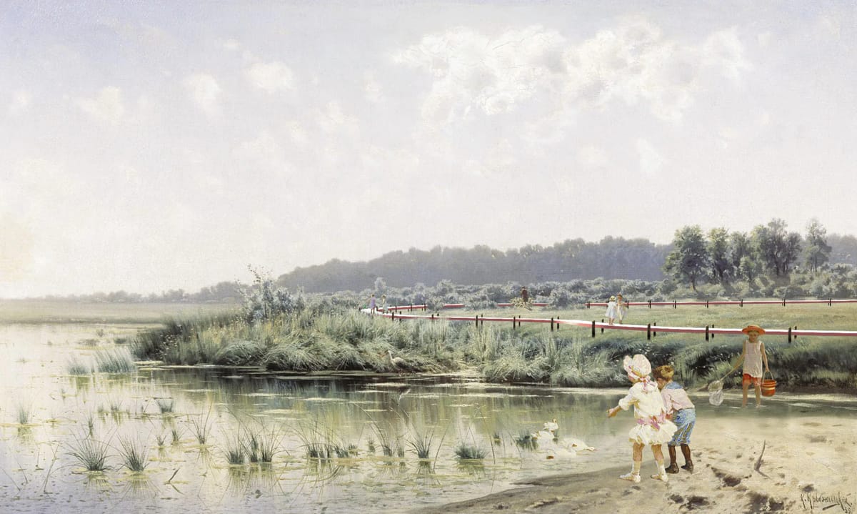 Classical painting of children playing on a sandy lakeshore with reeds and a red fence