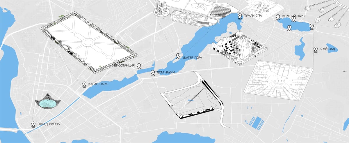 Map of the lakes with labelled sites and axonometric drawings of proposed parks and buildings