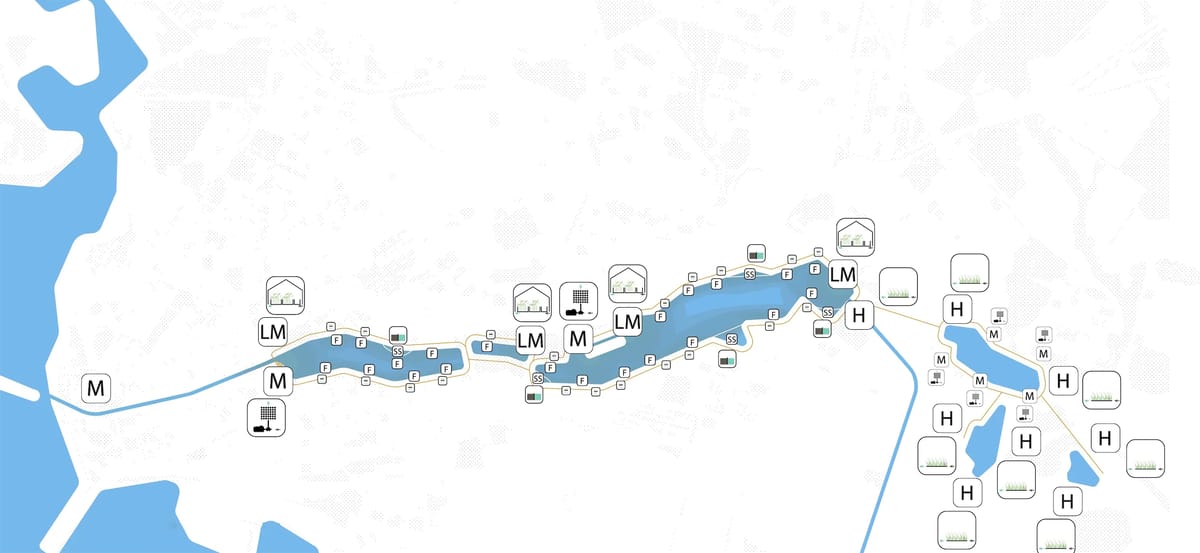 Diagram map of the lake chain with icons and letter markers placed along the shoreline
