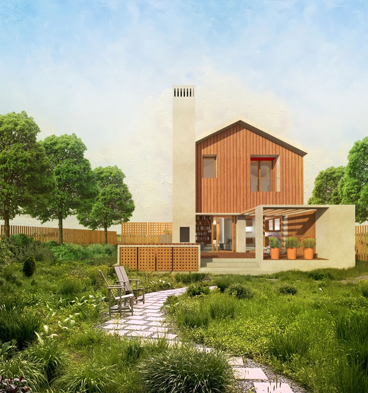 Render of a two-storey villa with timber cladding, white chimney and terrace in a meadow garden