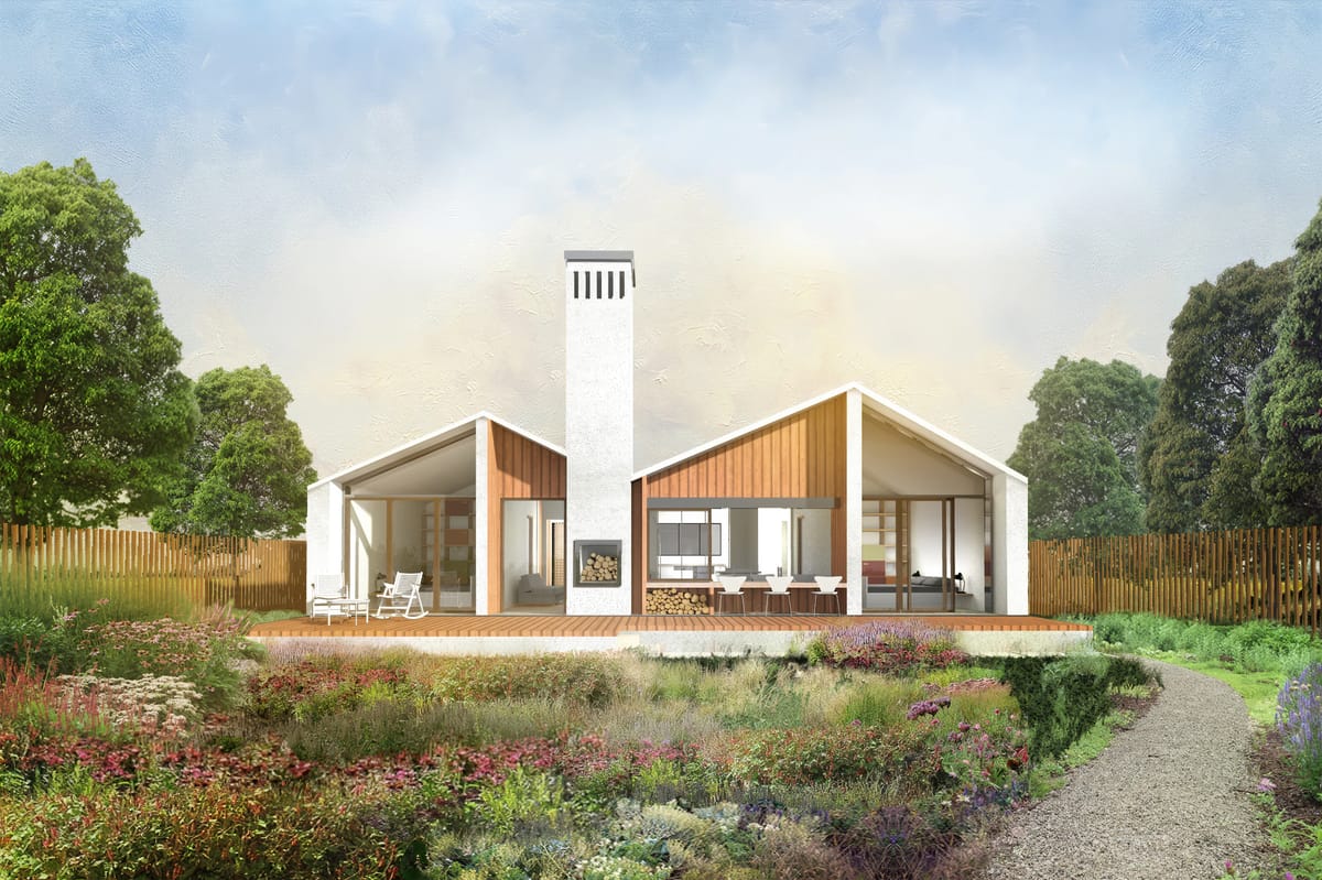 Render of a single-storey villa with twin gabled roofs, central chimney and glazed terrace