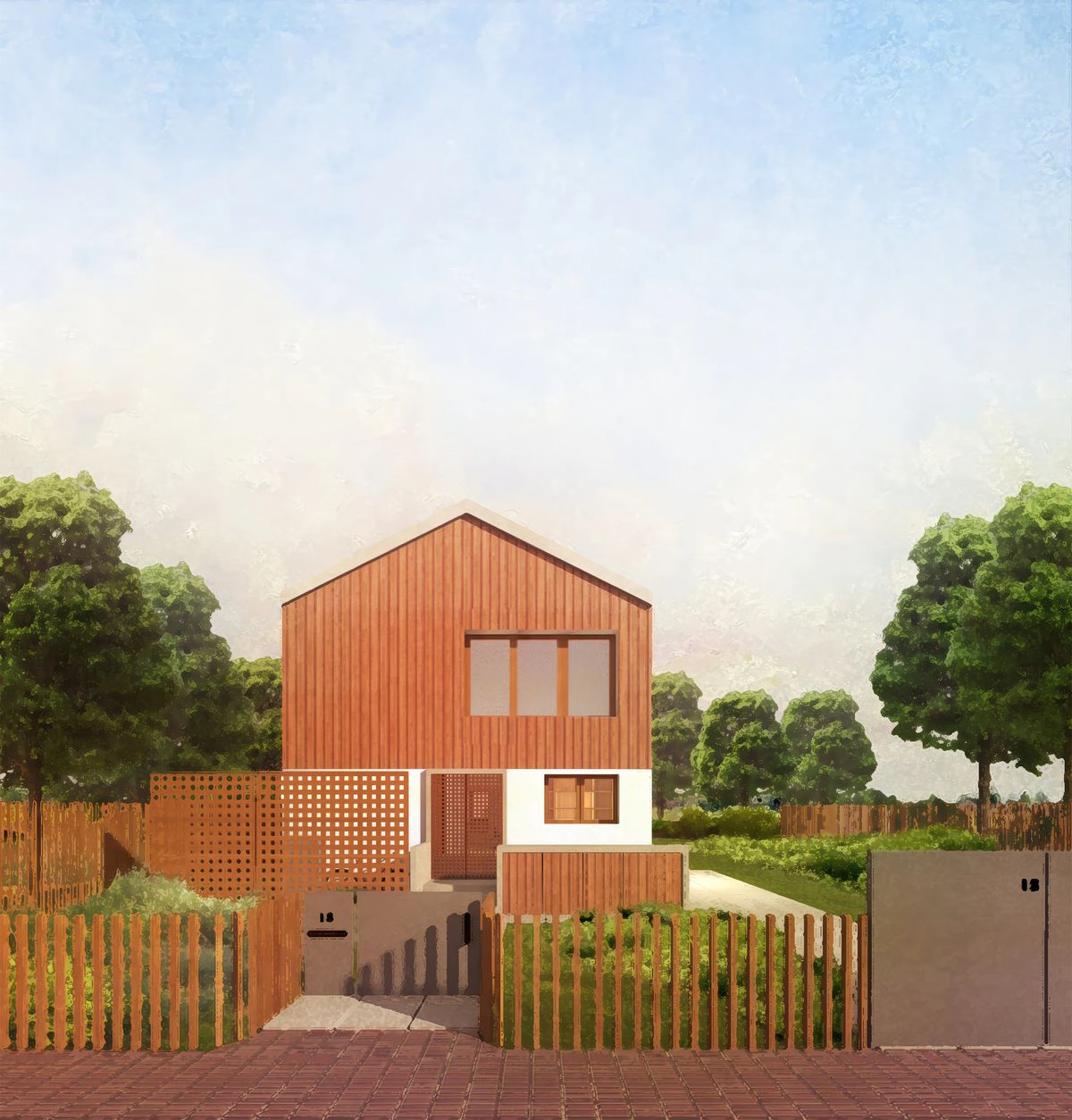 Render of a timber-clad gabled house behind a picket fence and lattice screen, seen from the street