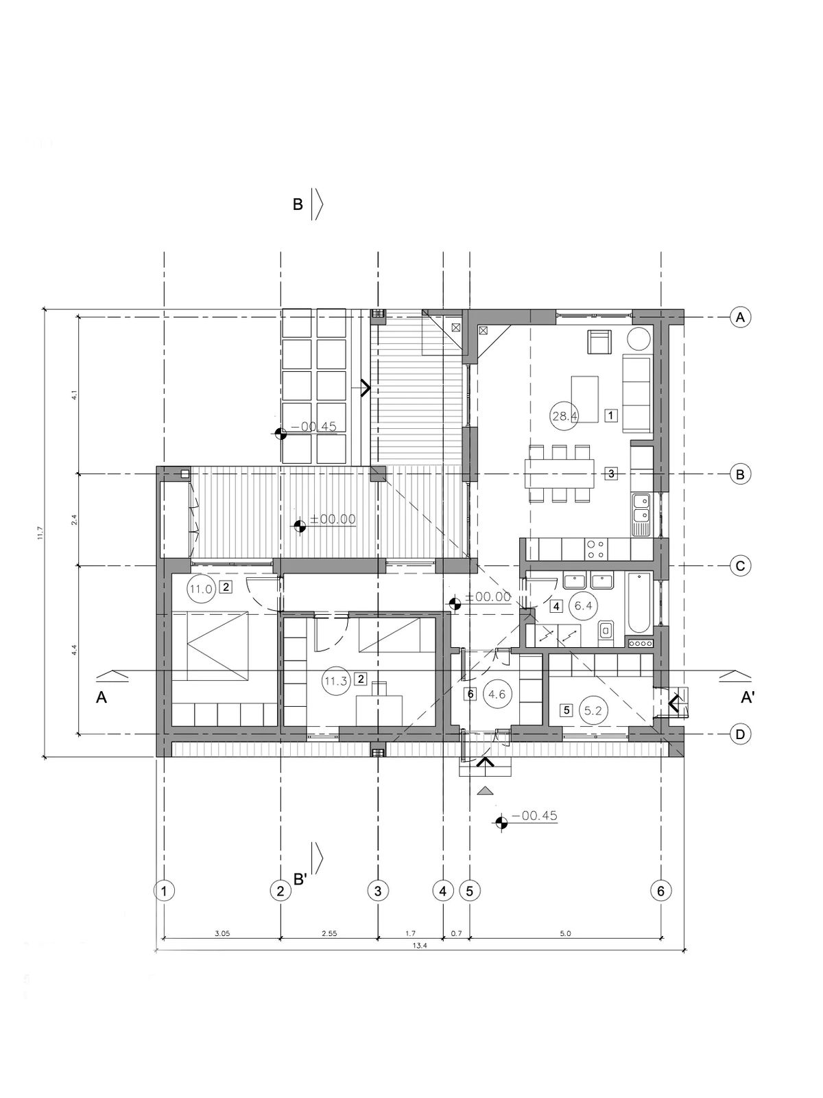 Working floor plan of a compact villa with grid axes, room areas and terrace